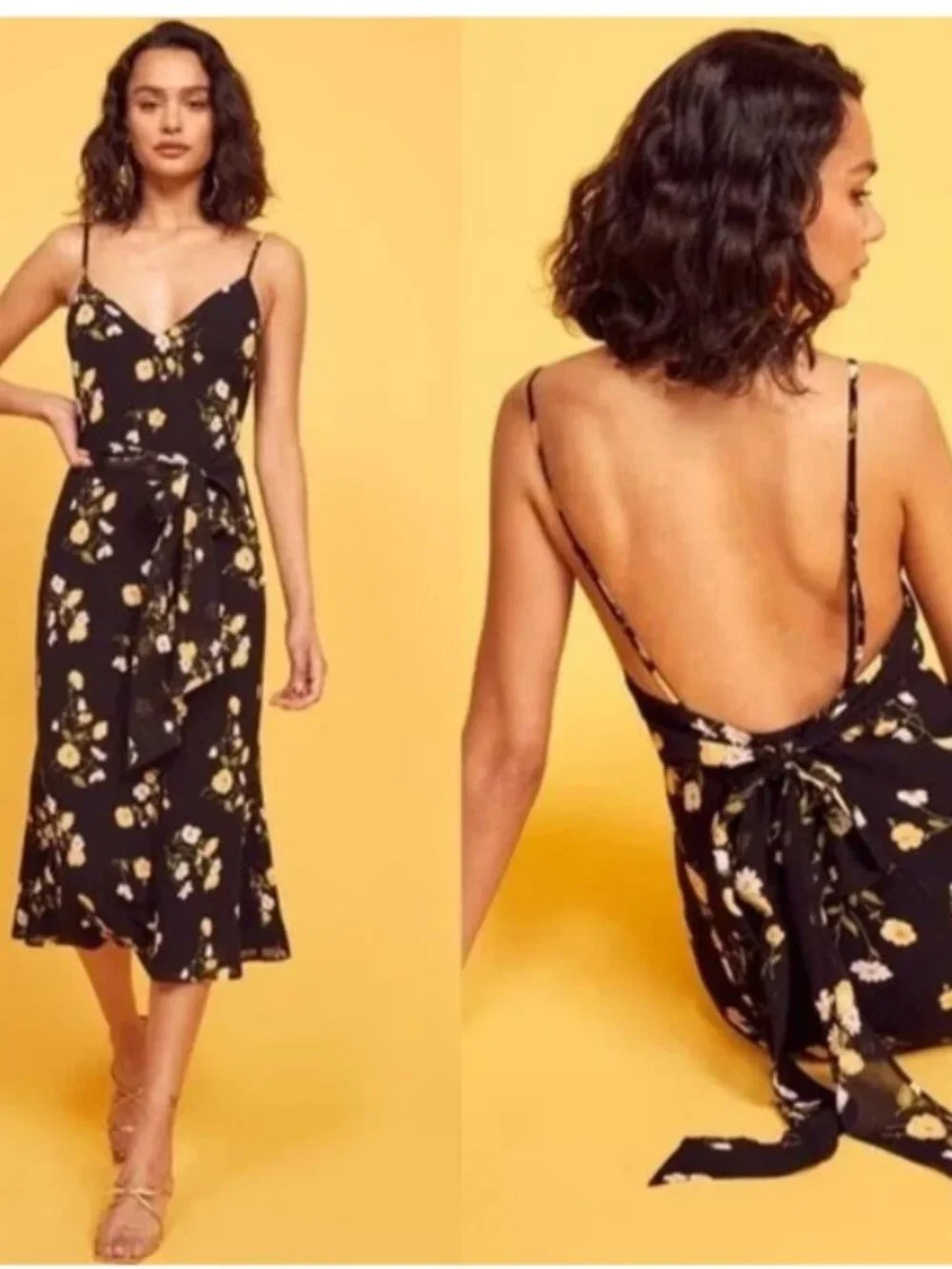 Reformation Dietrich Black Yellow Floral Dress Midi Flare Skirt Open Back Large - Picture 1 of 12